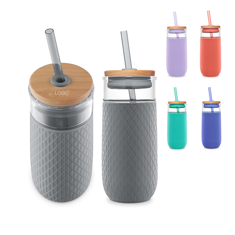 18 oz Silicone Sleeve Glass Tumbler W/ Straw And Lid